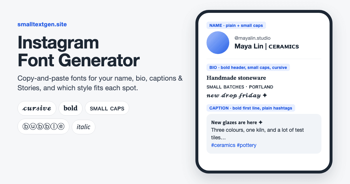 Instagram profile mockup showing a plain name with a small caps add-on, a bio with a bold header, small caps and cursive lines, and a caption with a bold first line and plain hashtags